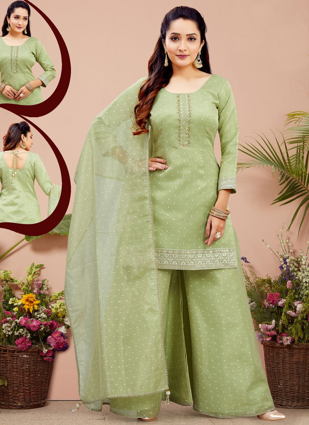 Palazzo Suit Embroidered Green T6664