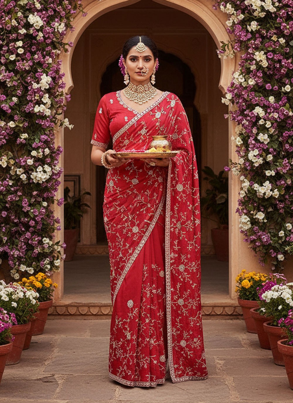 Red Satin Contemporary Saree Embroidered S20040