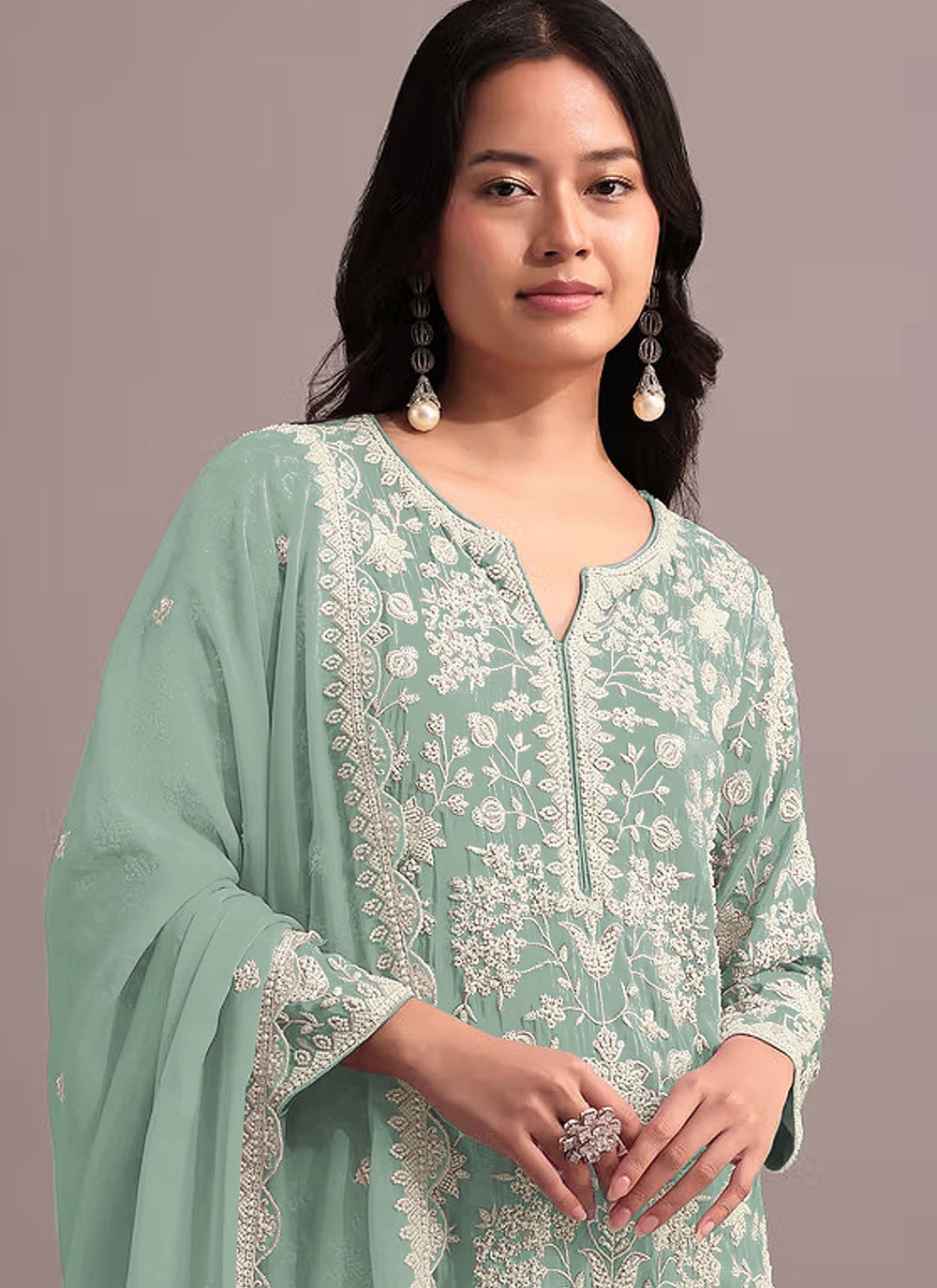 Sharara Suit Embroidered, Khatli Work, Thread Sea Green T6731