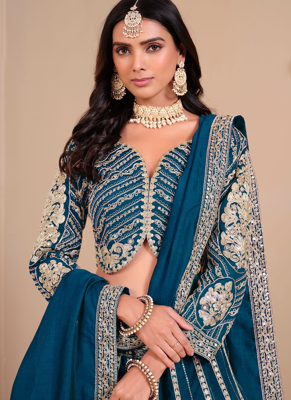 Embroidered Art Silk, Shimmer Morpeach Lehenga - L3274