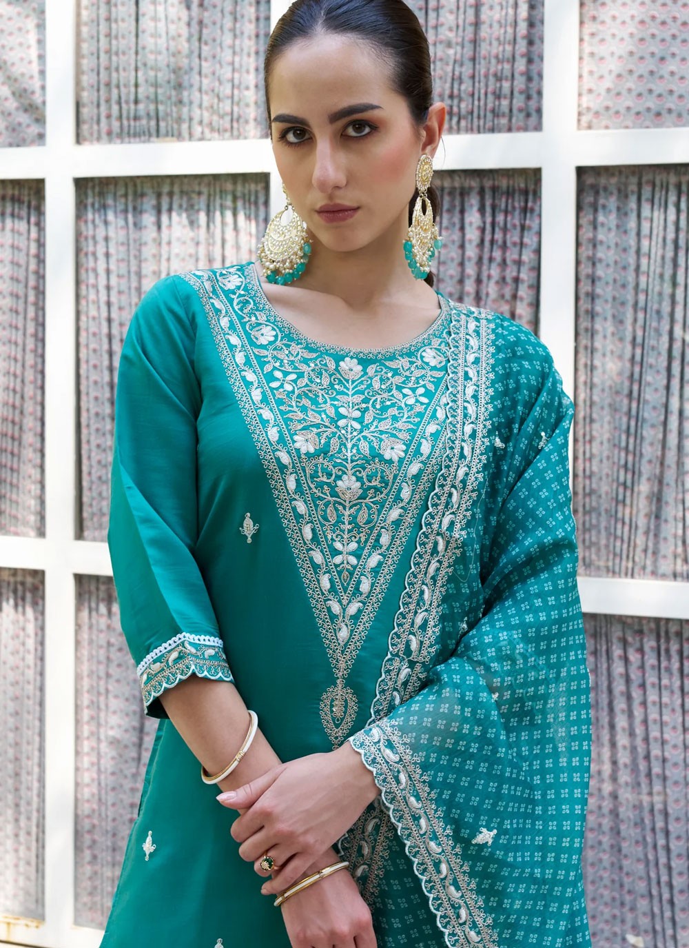 Pant Style Suit Embroidered Blue T6904