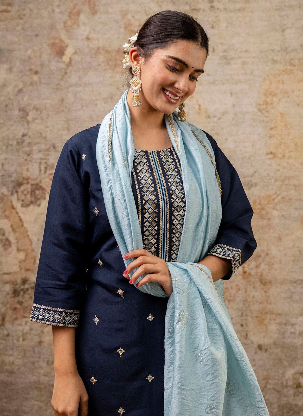 Pant Style Suit Embroidered, Zari Navy Blue T7312