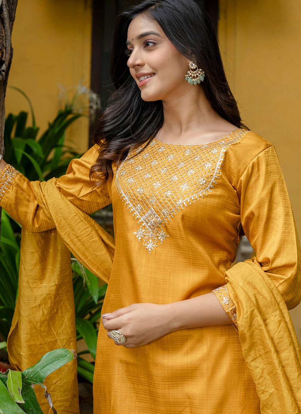 Pant Style Suit Embroidered Yellow T7163