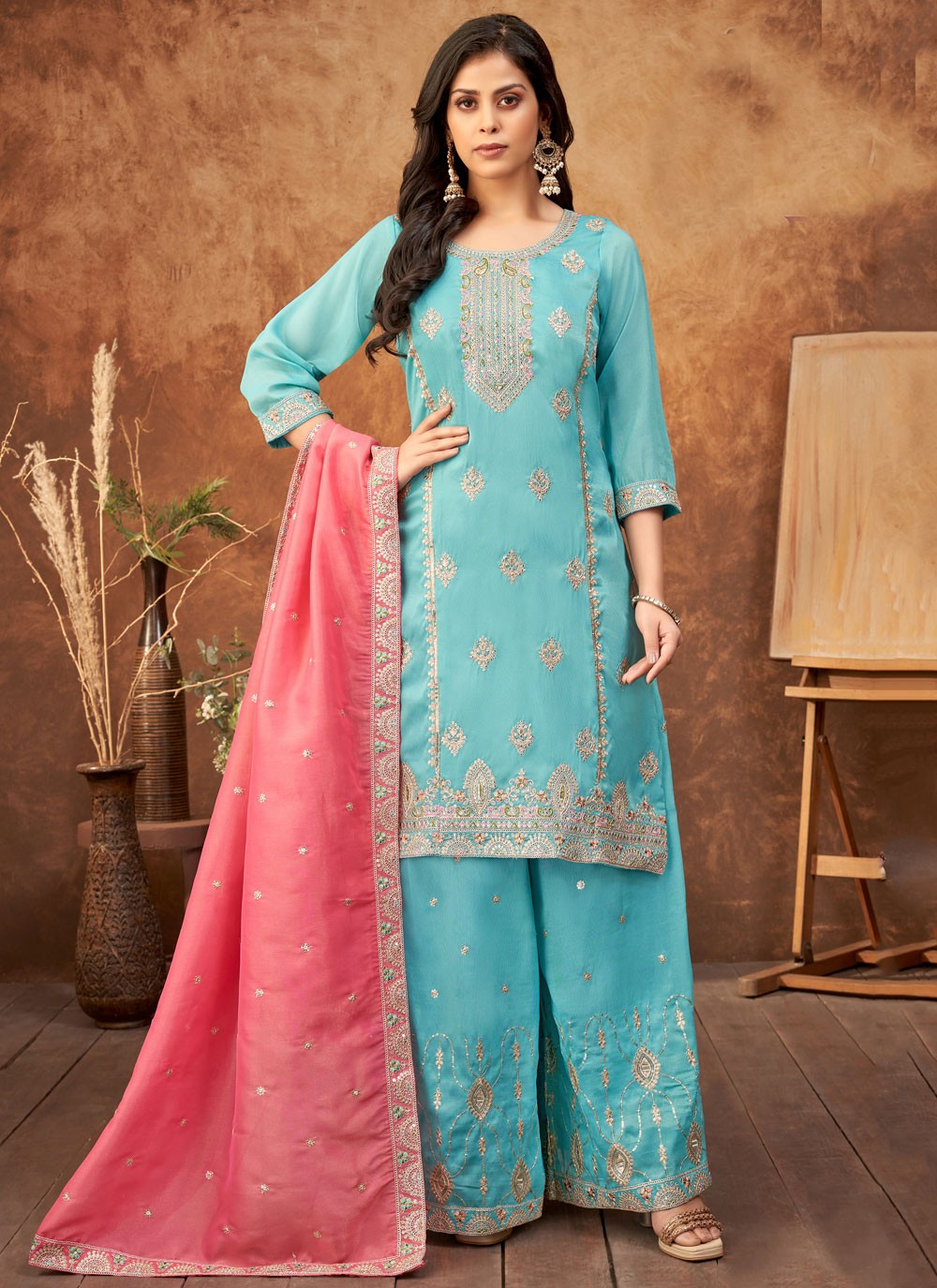Palazzo Suit Embroidered, Zari Blue T6659