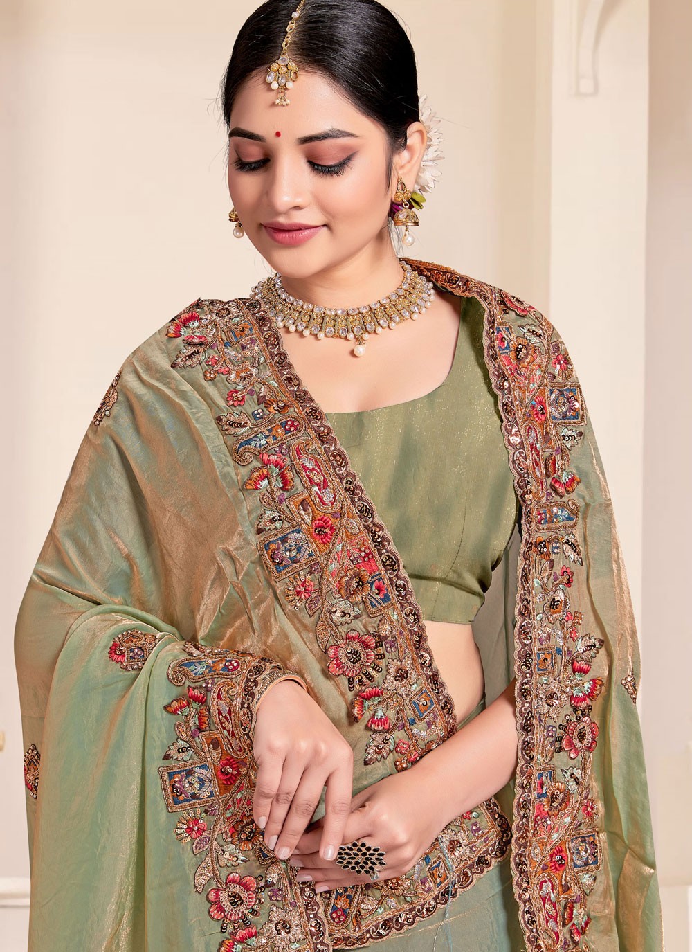 Classic Saree Beads Green Silk Saree S13078