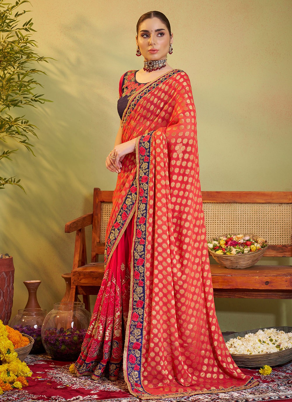 Embroidered Silk Red Saree S14375