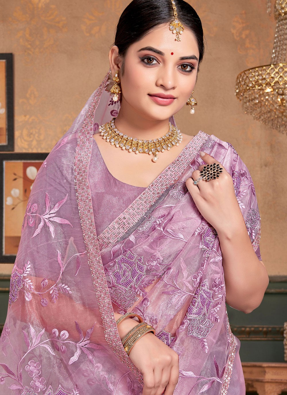 Classic Saree Beads Lavender, Magenta Organza Saree S13245