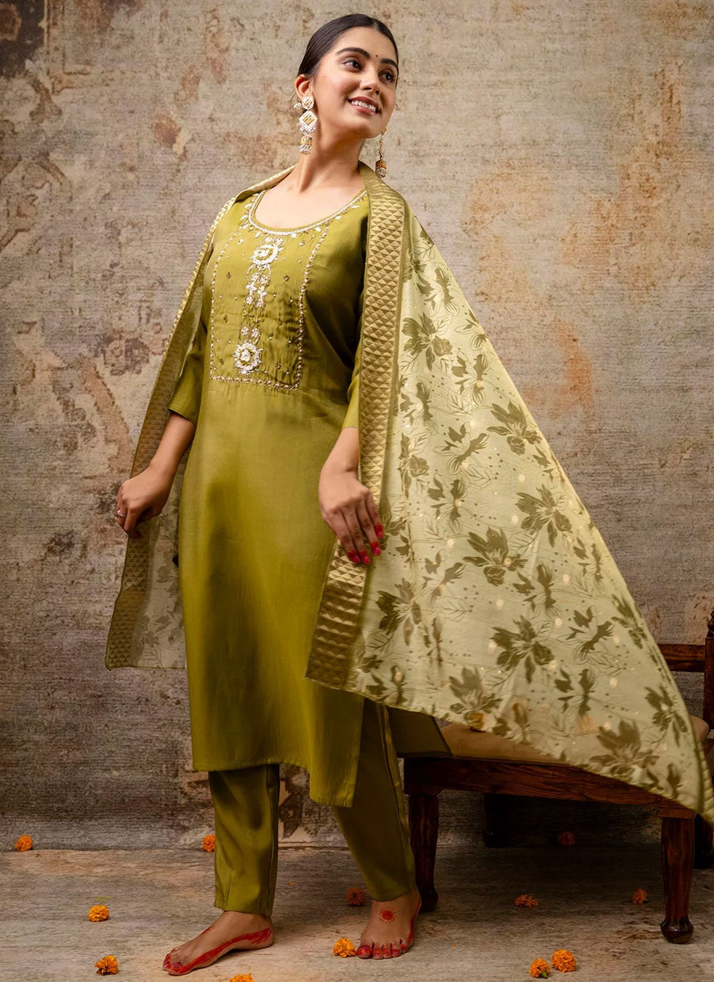 Pant Style Suit Embroidered, Zari Green T6914