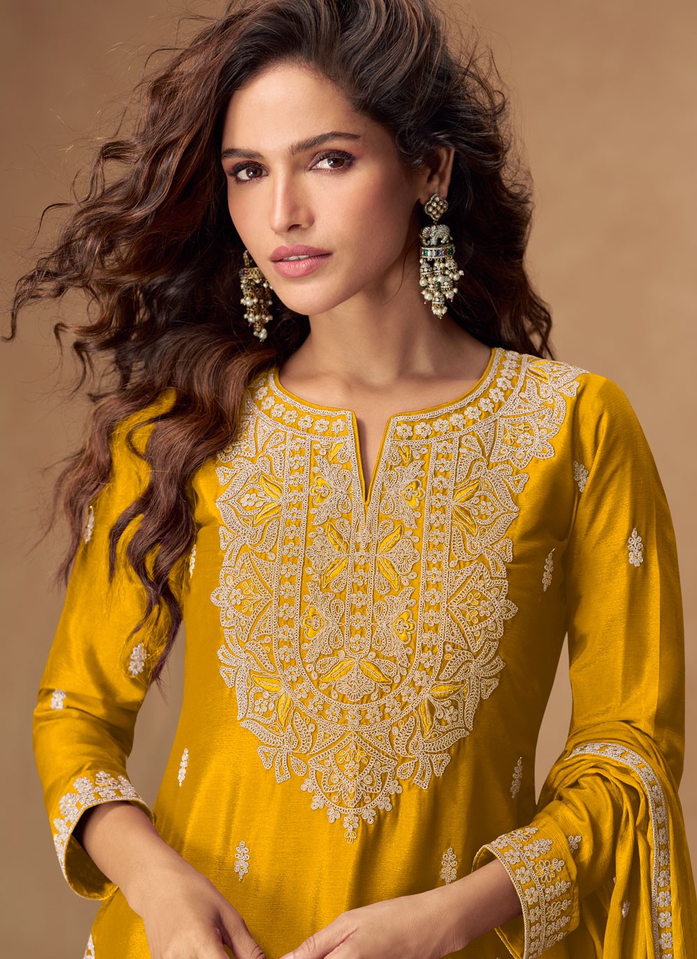 Palazzo Suit Embroidered Mustard T8539