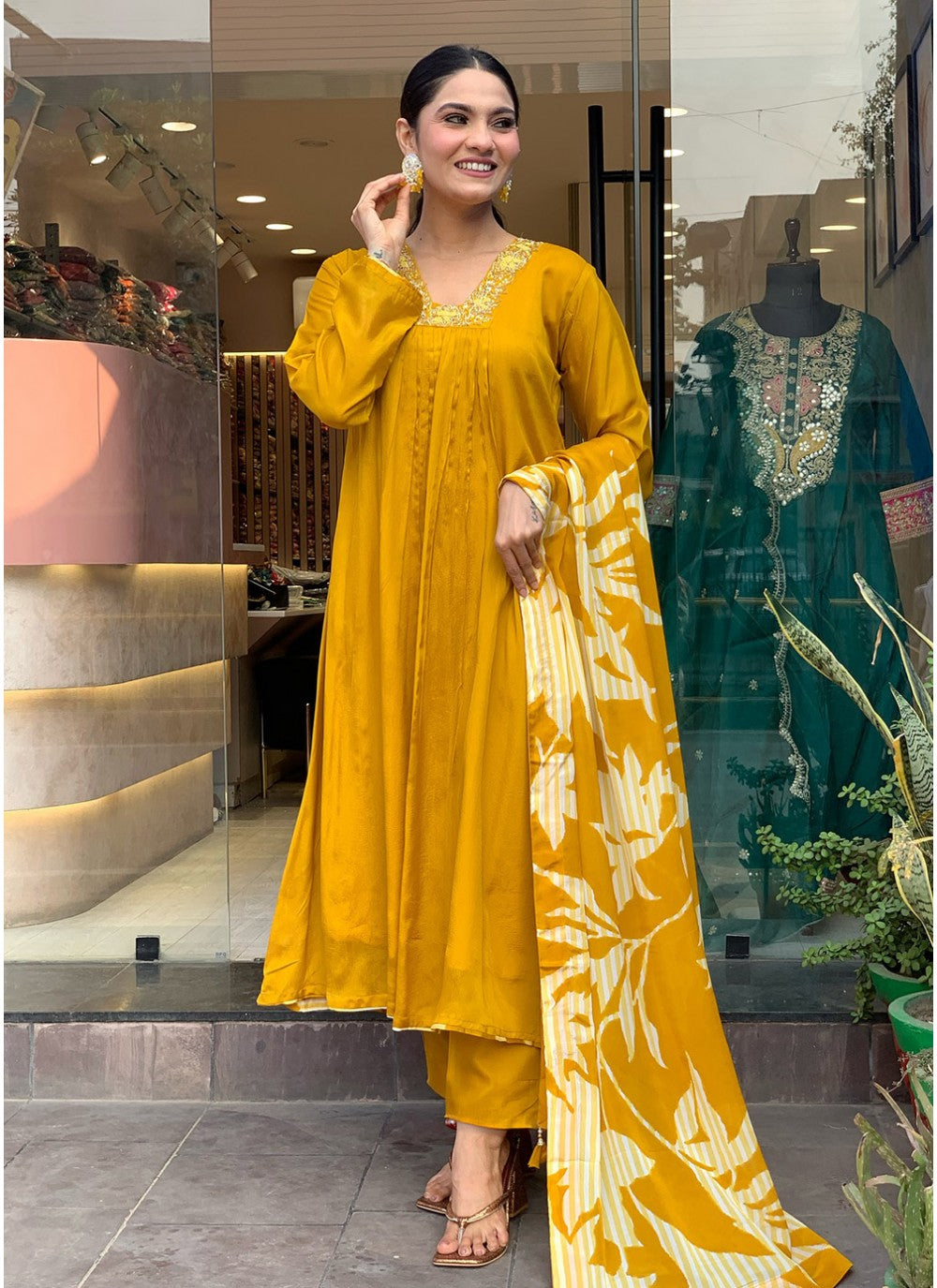 Embroidered Chinon Mustard Salwar Suit T6026