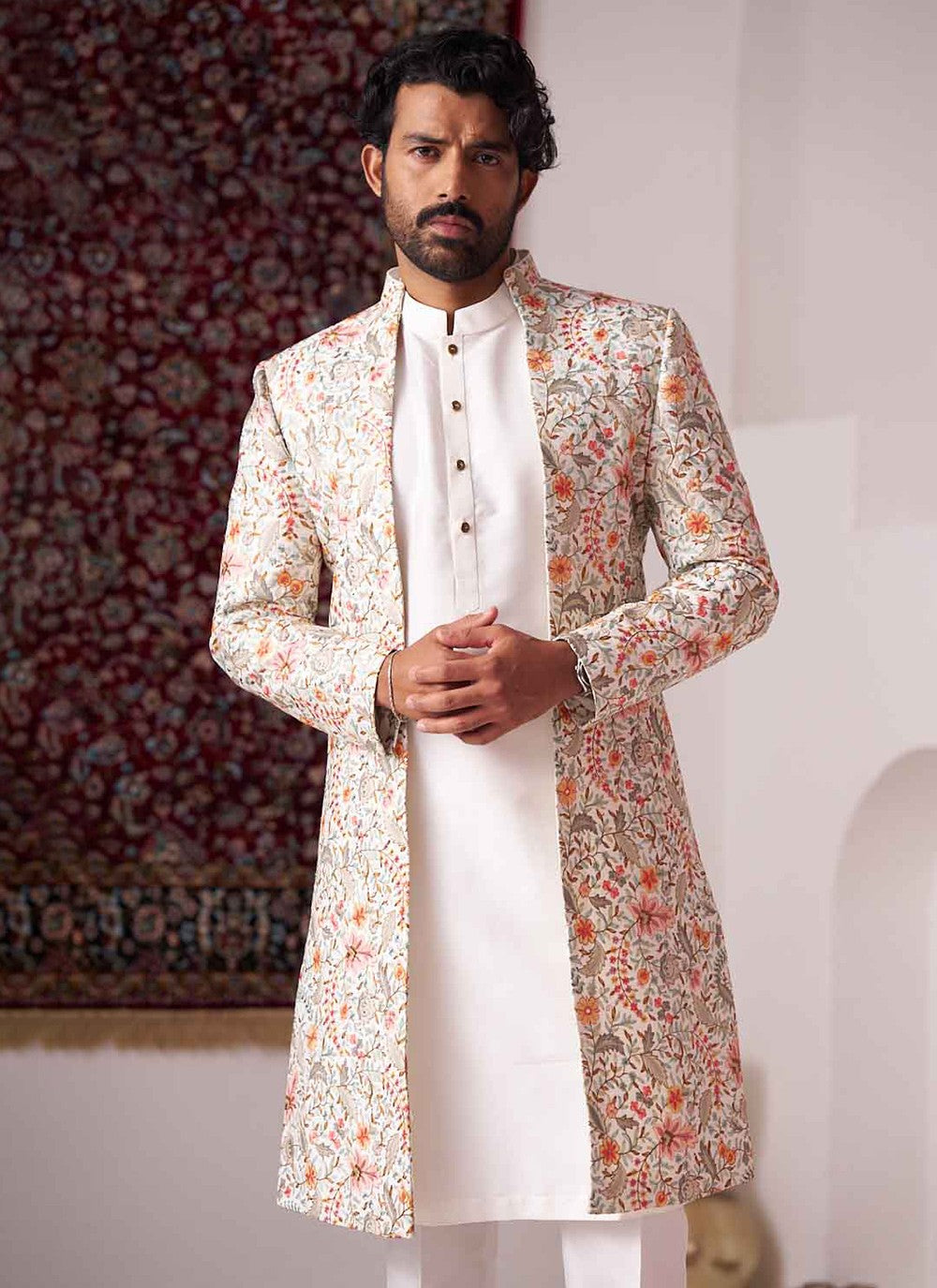 Embroidered Silk Off White Sherwani - M8429