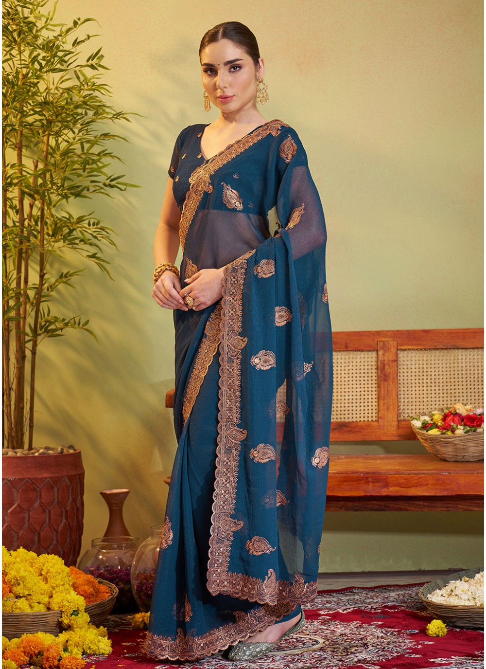Embroidered Chiffon Teal Saree S14475