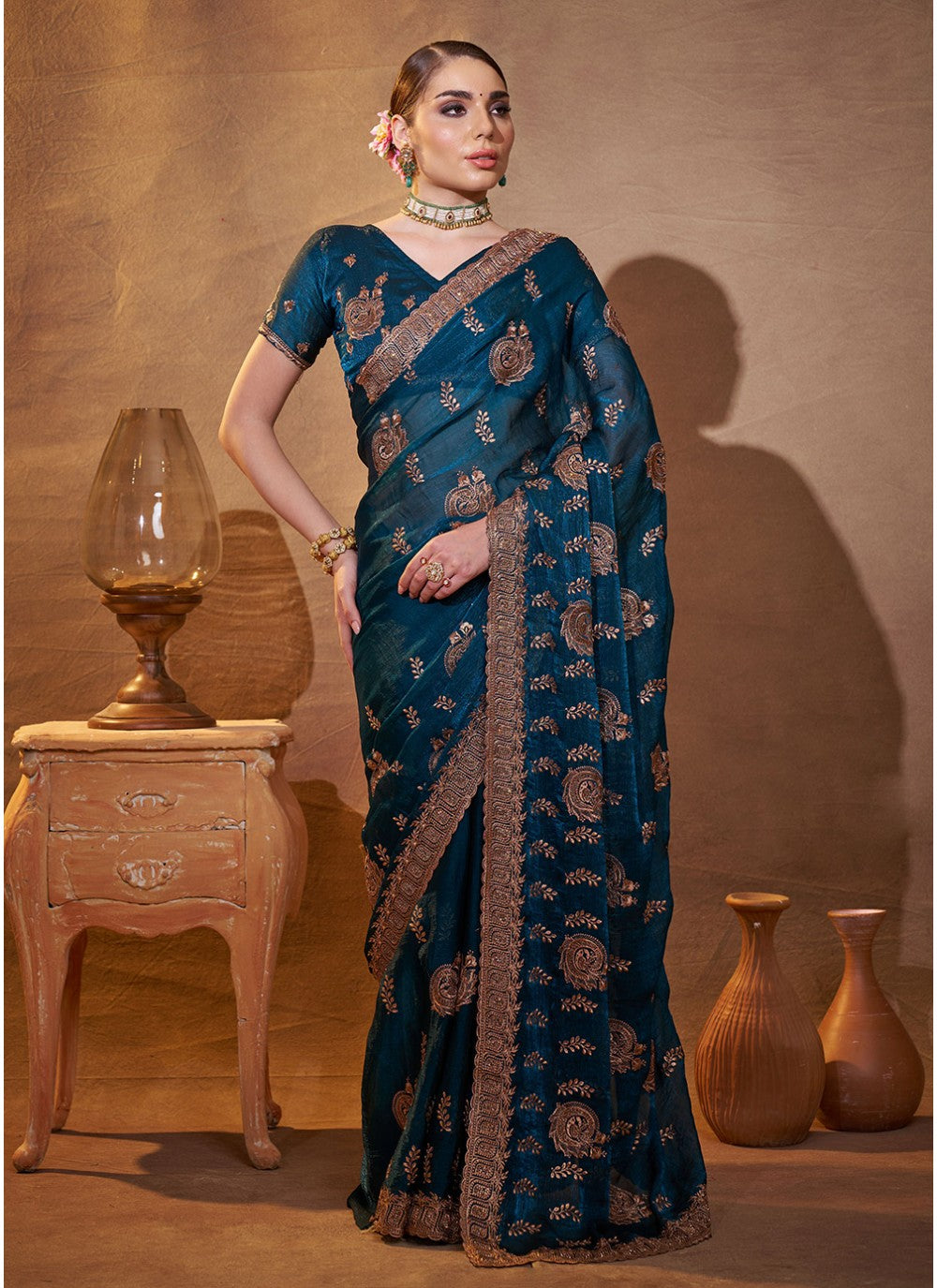 Embroidered Satin Teal Saree S14478