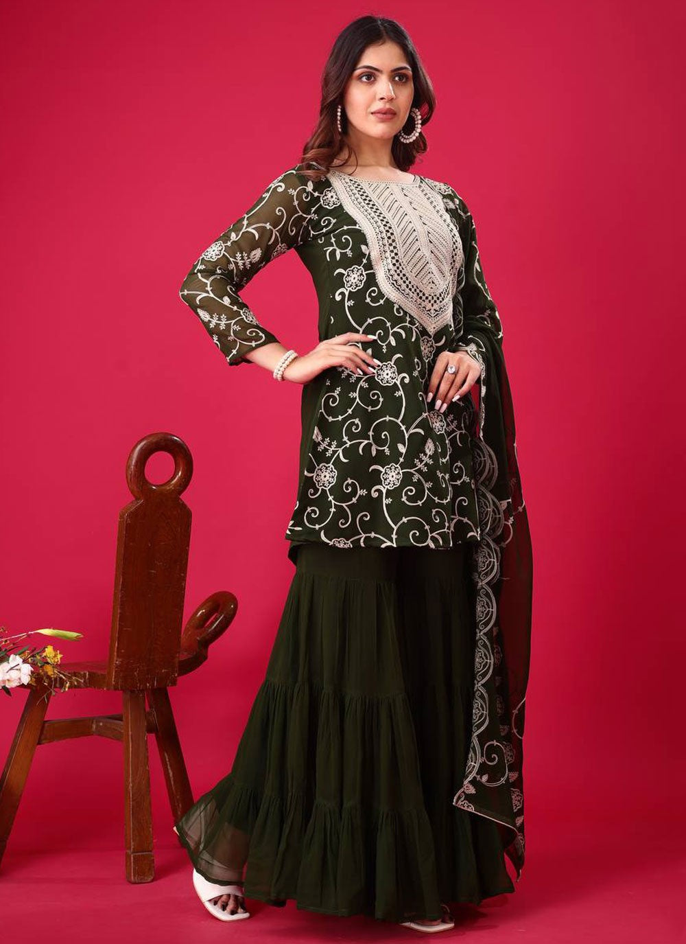 Embroidered Georgette Green Palazzo Suit T6470