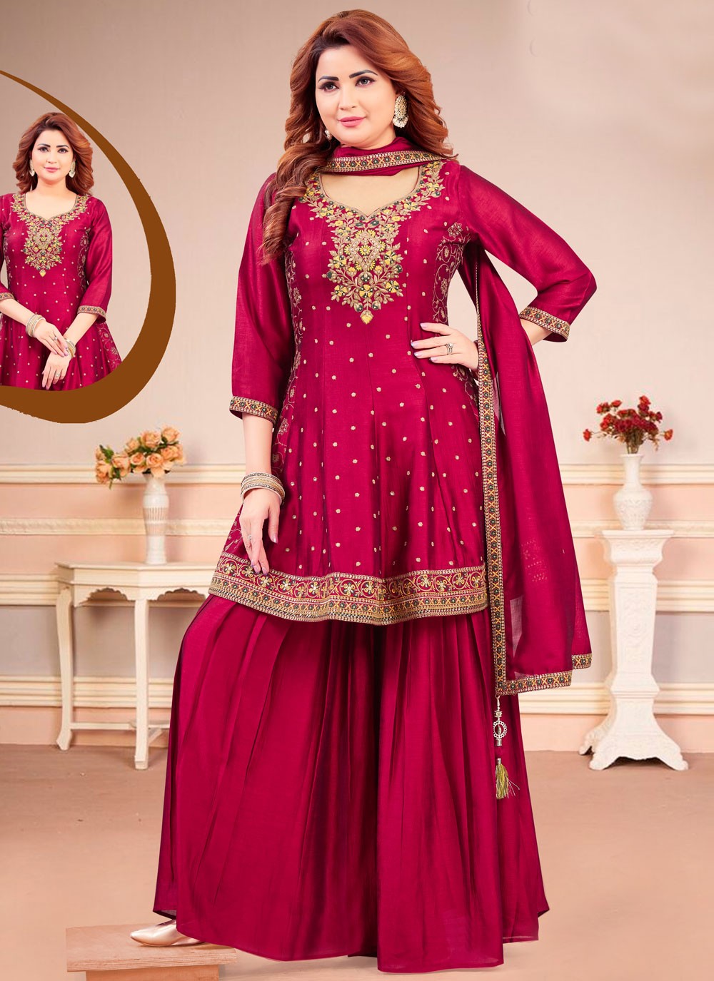 Salwar Suit Embroidered Hot Pink, Red Silk T5823