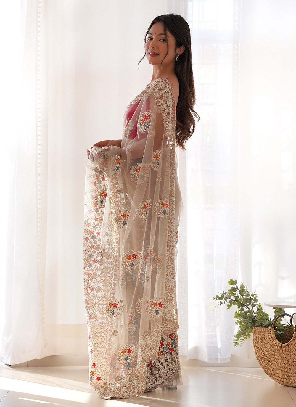 Beige Net Trendy Saree Embroidered, Thread S19069