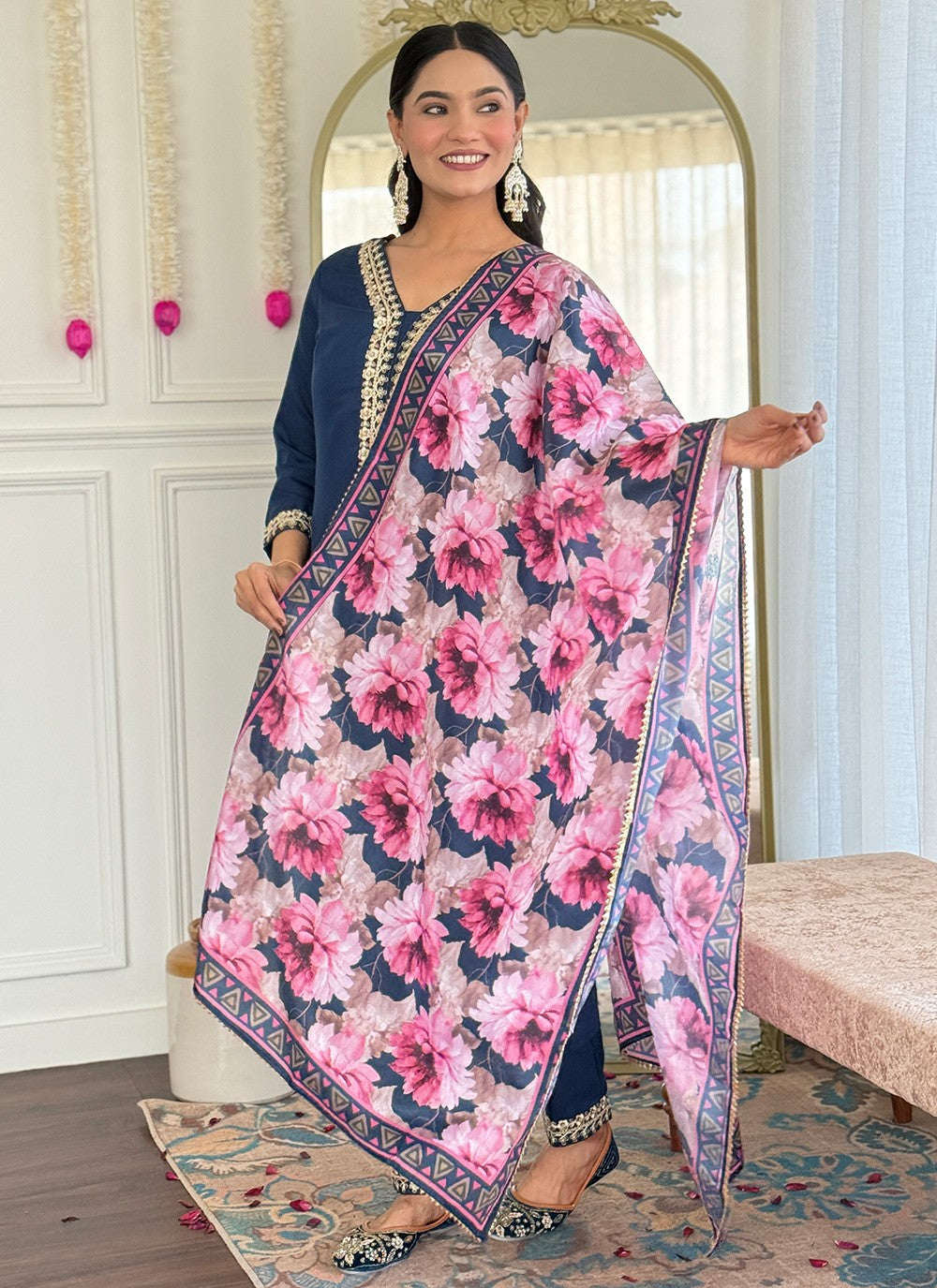 Salwar Suit Embroidered, Printed Blue T7364