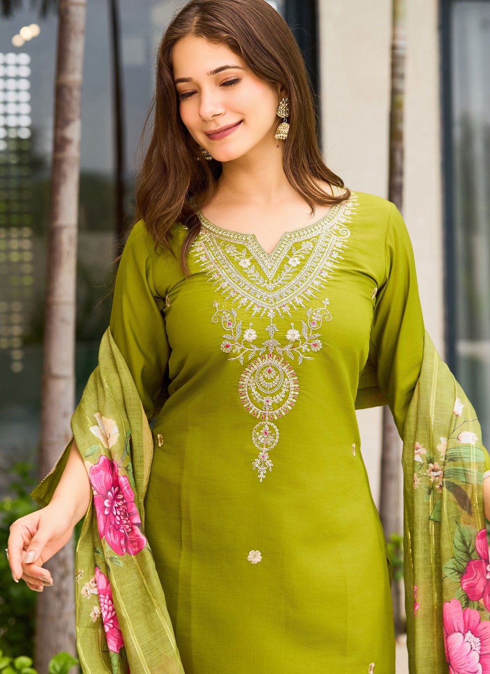 Pant Style Suit Embroidered Green T8609