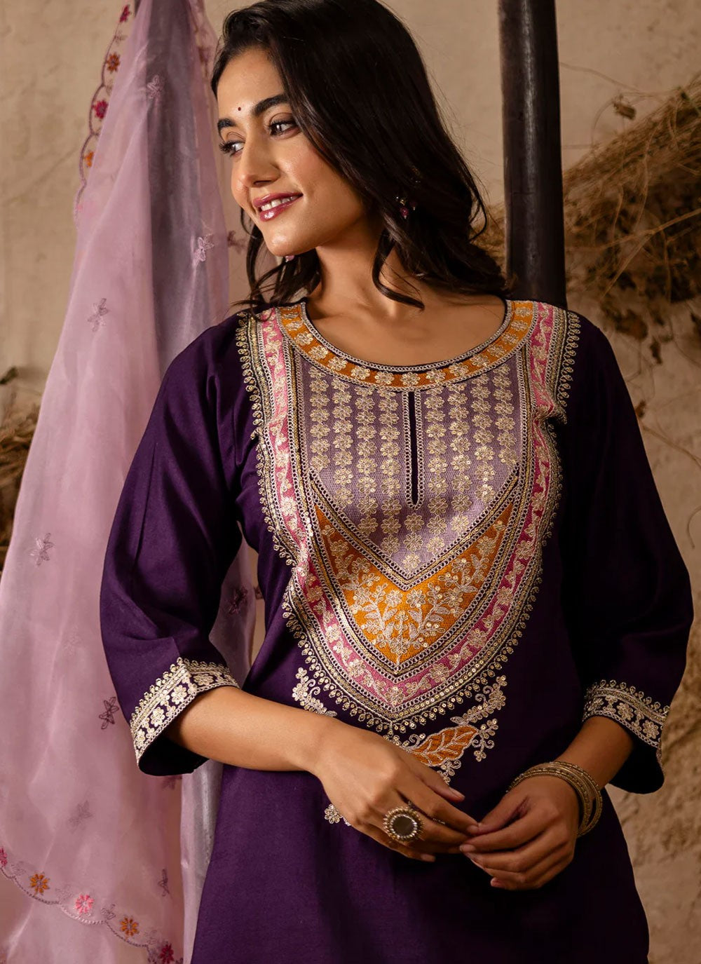 Embroidered Rayon Purple Pant Style Suit T6298
