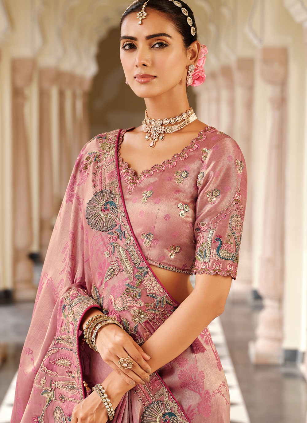 Pink Jacquard Silk Classic Saree Embroidered S19726