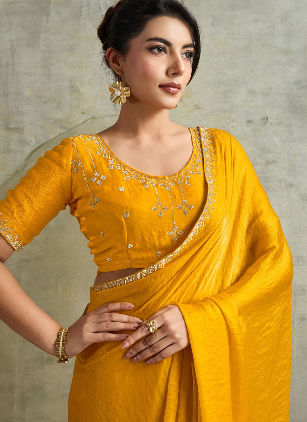 Yellow Chiffon Contemporary Saree Embroidered S19827
