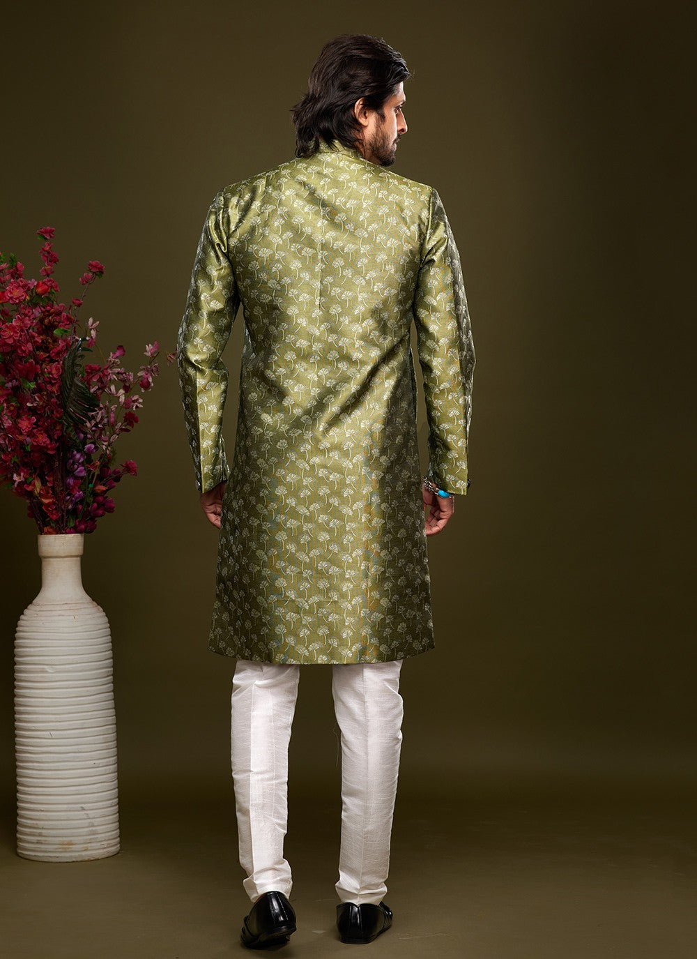 Fancy Work Banarasi Jacquard Green Indo Western - M5831