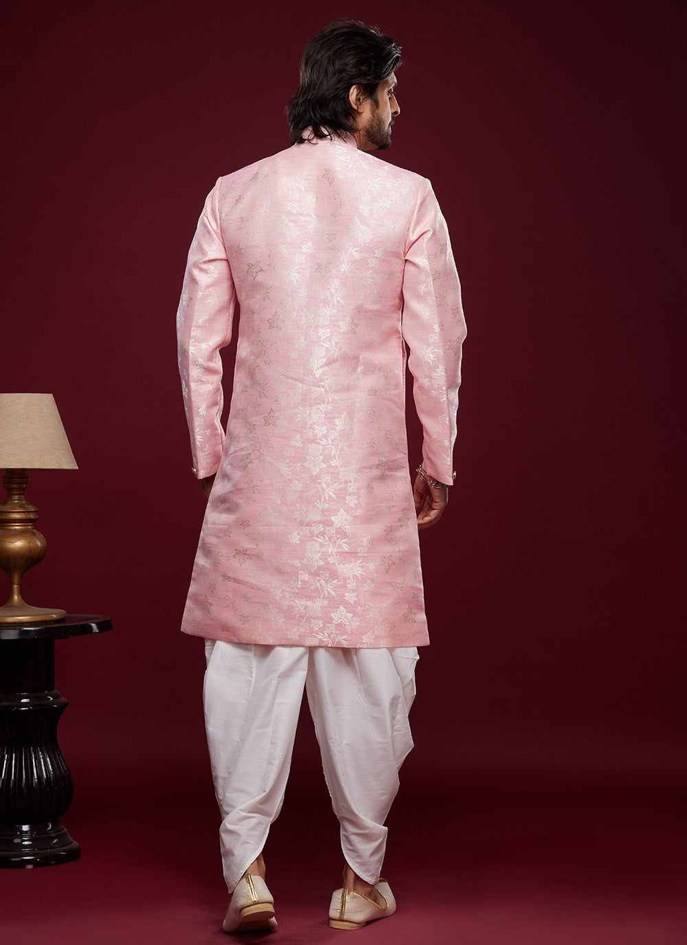 Fancy Work Banarasi Jacquard Pink Indo Western Sherwani - M5783