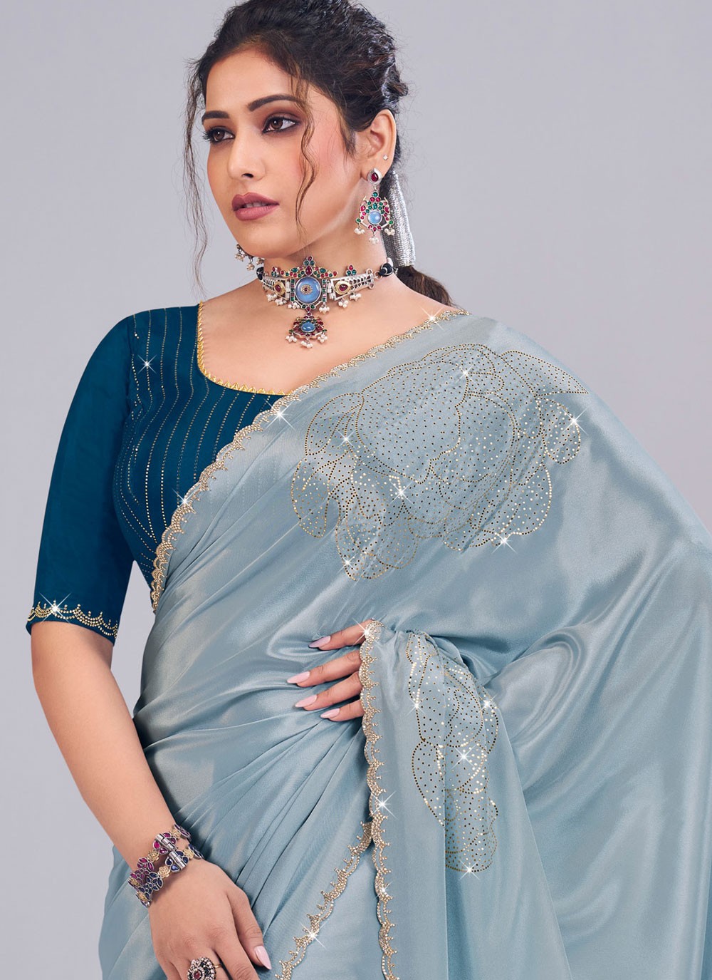 Teal Silk Traditional Saree Fancy Work S19877