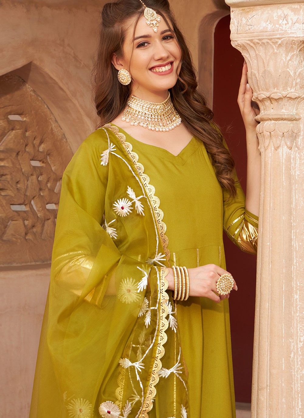 Fancy Work Rayon Green Anarkali T6597