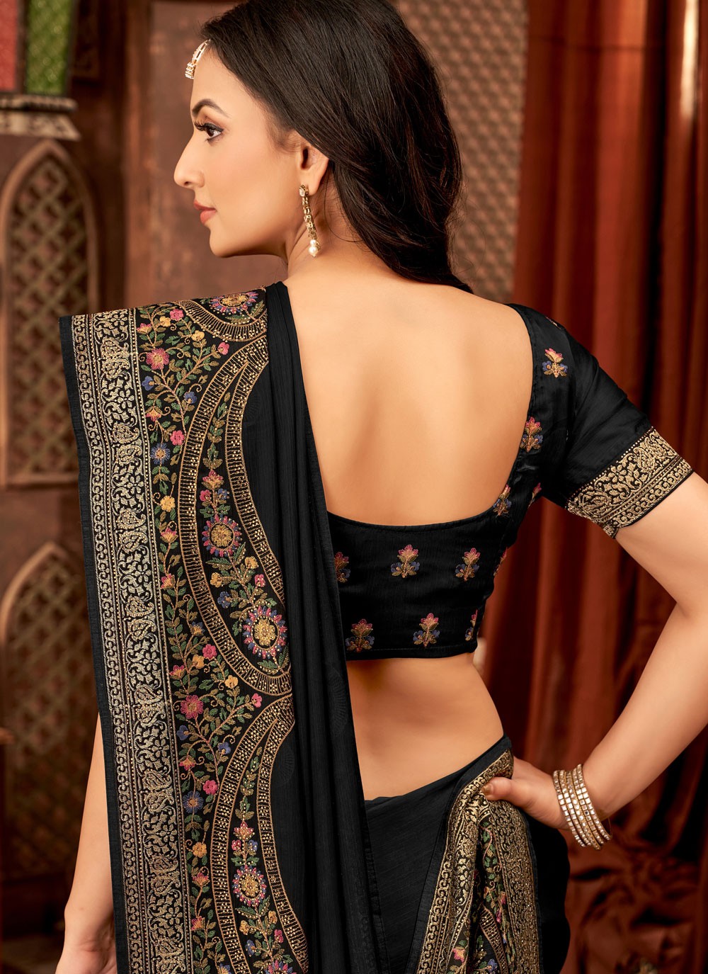 Black Chiffon Satin Trendy Saree Embroidered, Fancy Work, Stones S15890