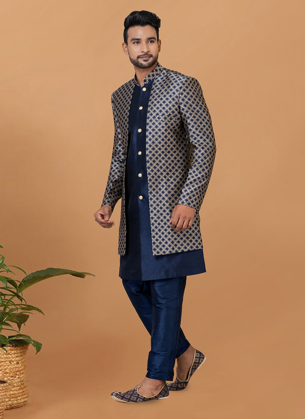Fancy Work Dupion Silk, Jacquard Silk Blue Indo Western Sherwani - M5995