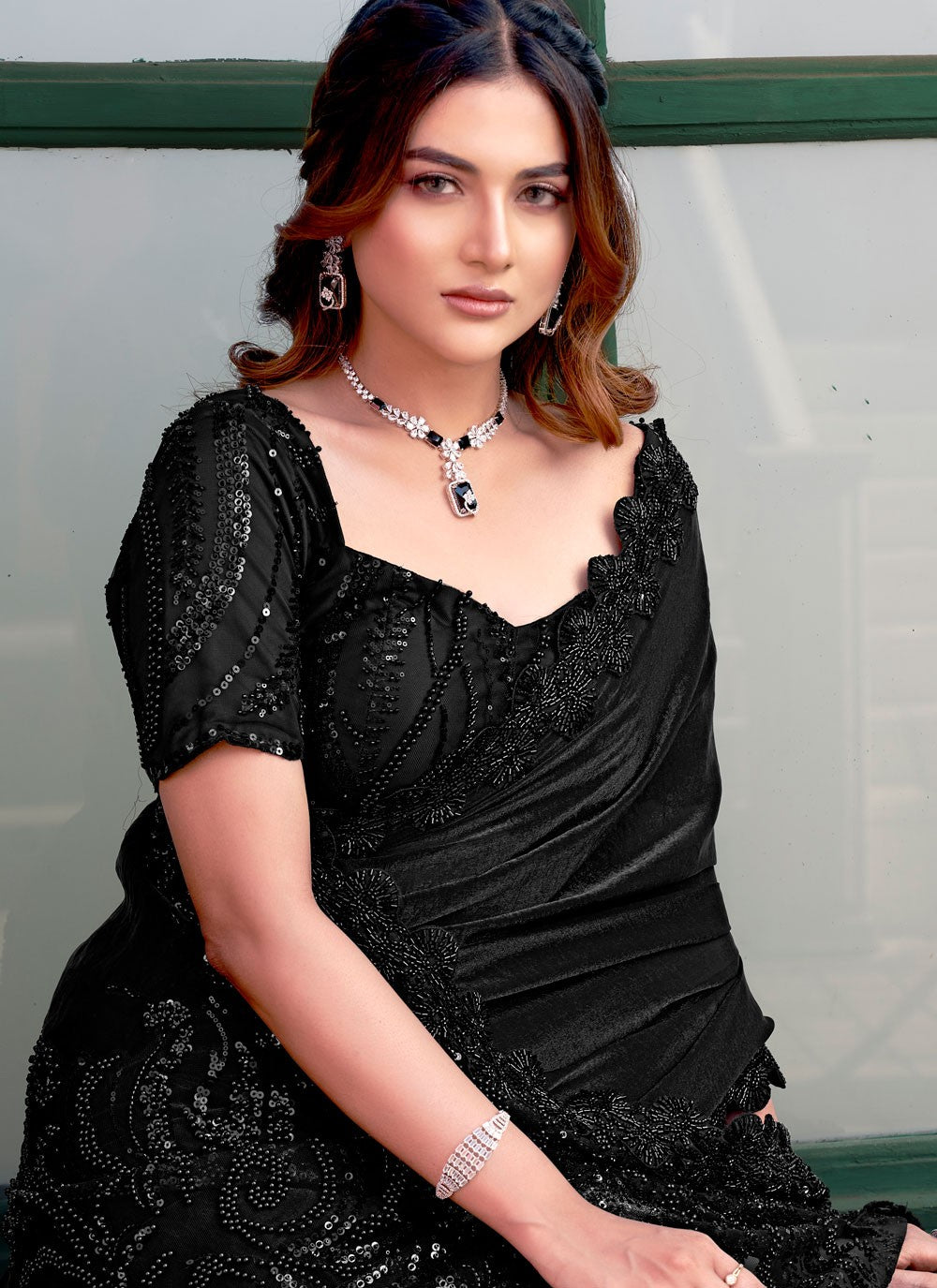 Beads Fancy Fabric Black Saree S13830