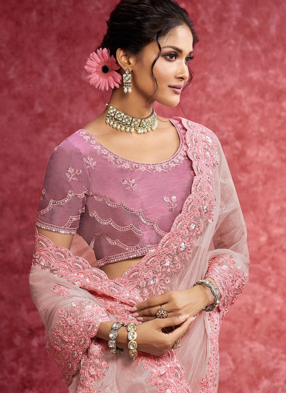 Pink Fancy Fabric Trendy Saree Border Work, Cut Work, Embroidered, Sequins, Thread S19364