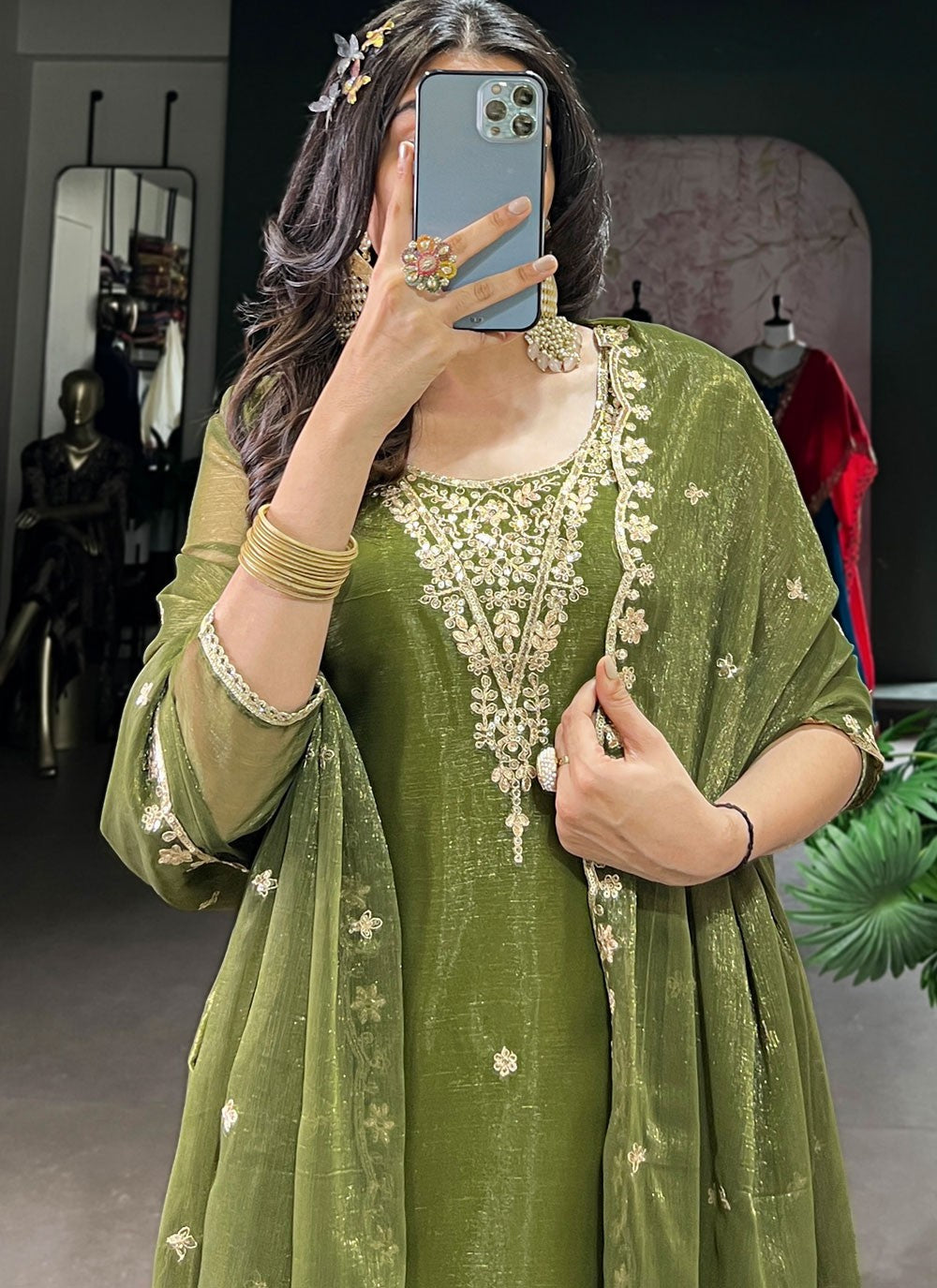 Pant Style Suit Embroidered, Sequins, Zari Green T7057