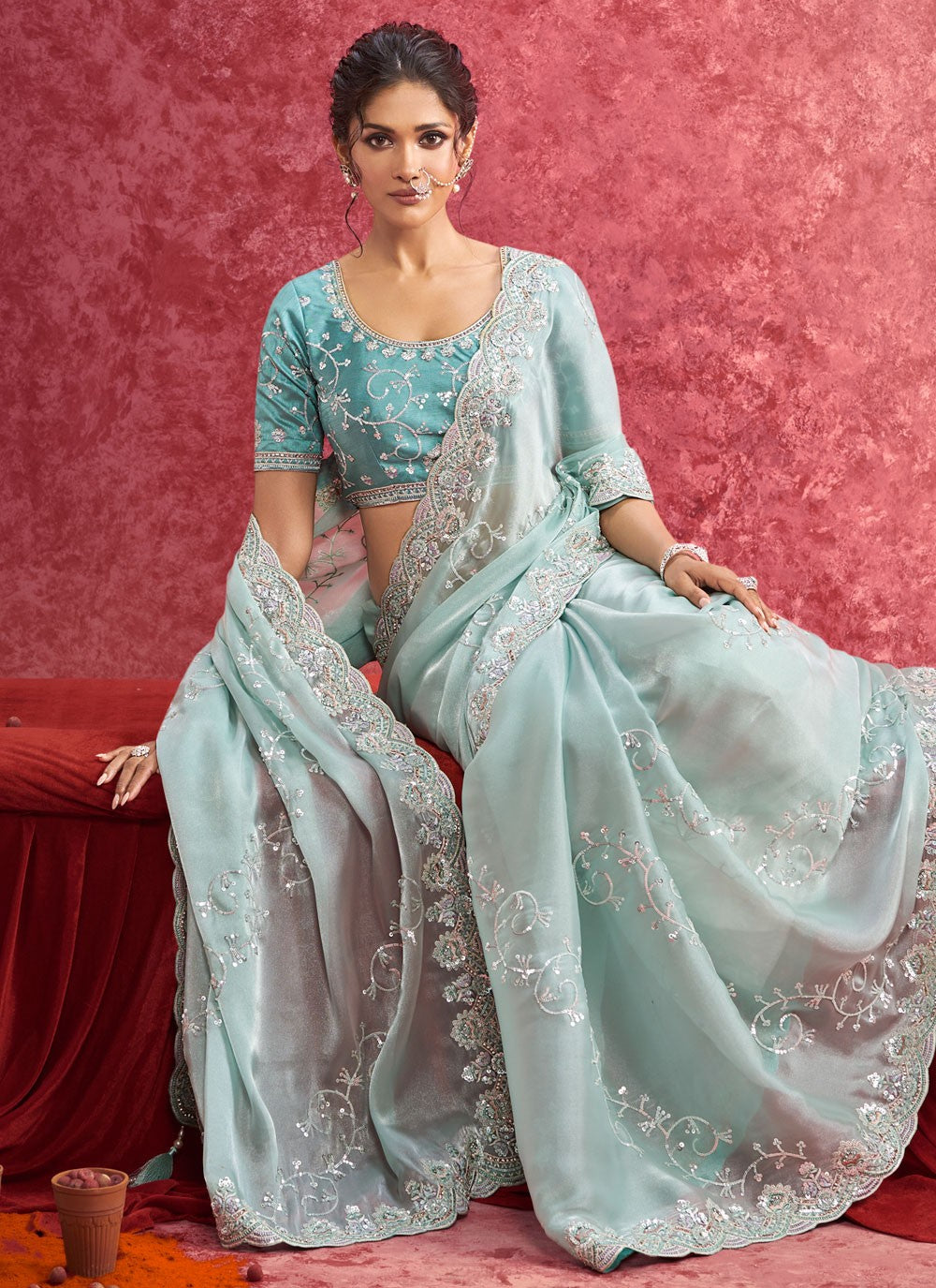 Aqua Blue Fancy Fabric Designer Saree Border Work, Cut Work, Embroidered, Sequins, Thread S19359