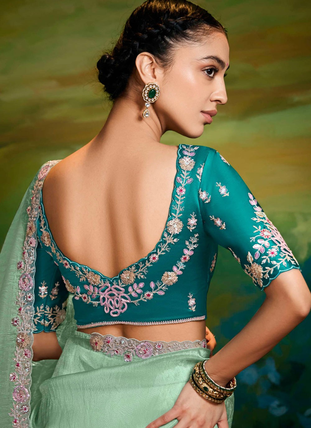 Embroidered Fancy Fabric Green Designer Saree S15253
