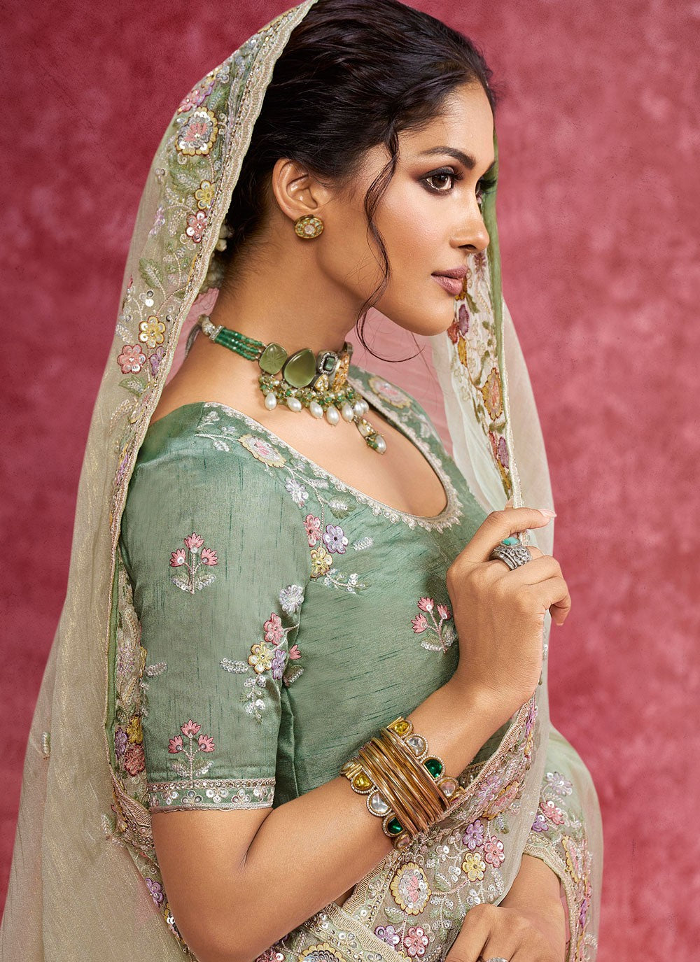 Green Fancy Fabric Traditional Saree Border Work, Cut Work, Embroidered, Sequins, Thread S19365