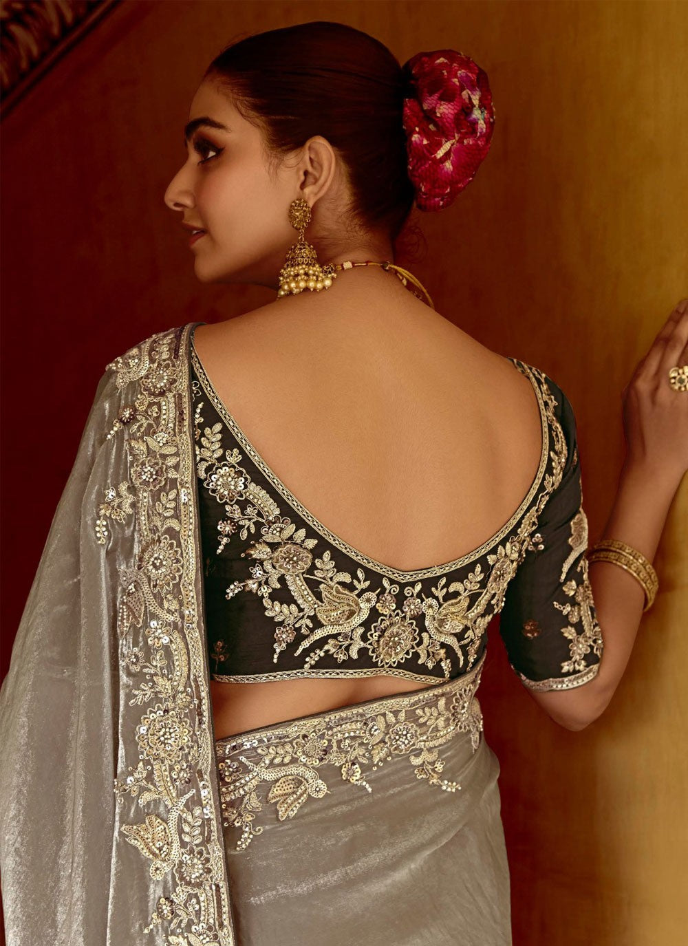 Embroidered Fancy Fabric Grey Saree S14384