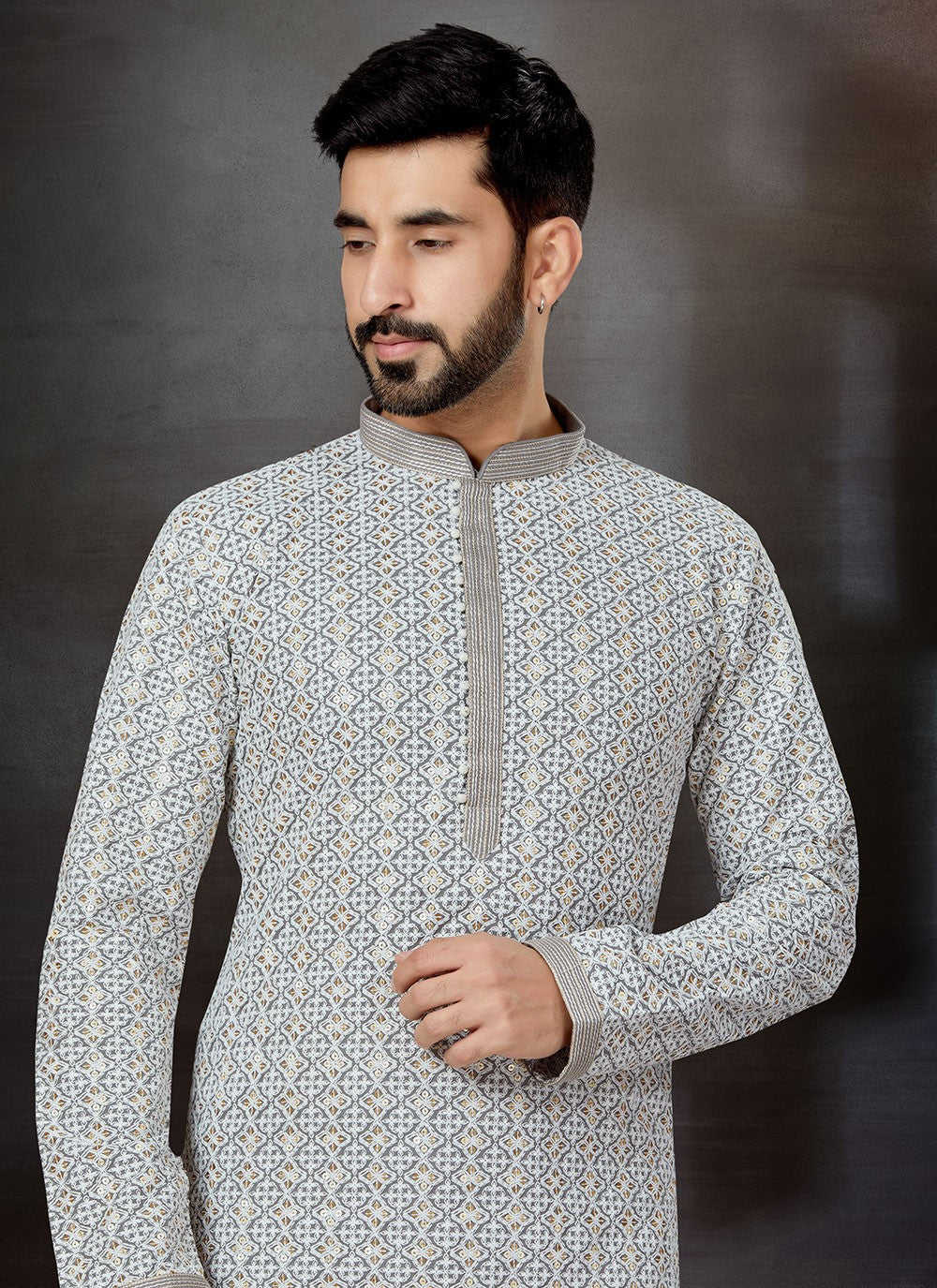 Embroidered Fancy Fabric Grey Kurta - M5759