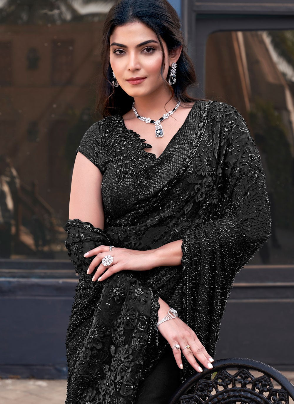 Beads Fancy Fabric Black Saree S13836