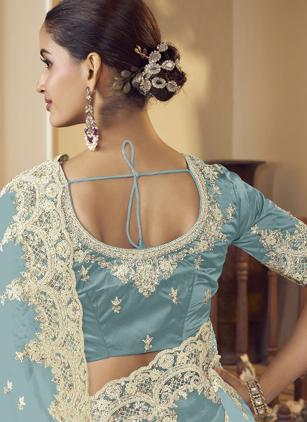 Classic Saree Embroidered Aqua Blue Fancy Fabric Saree S12378