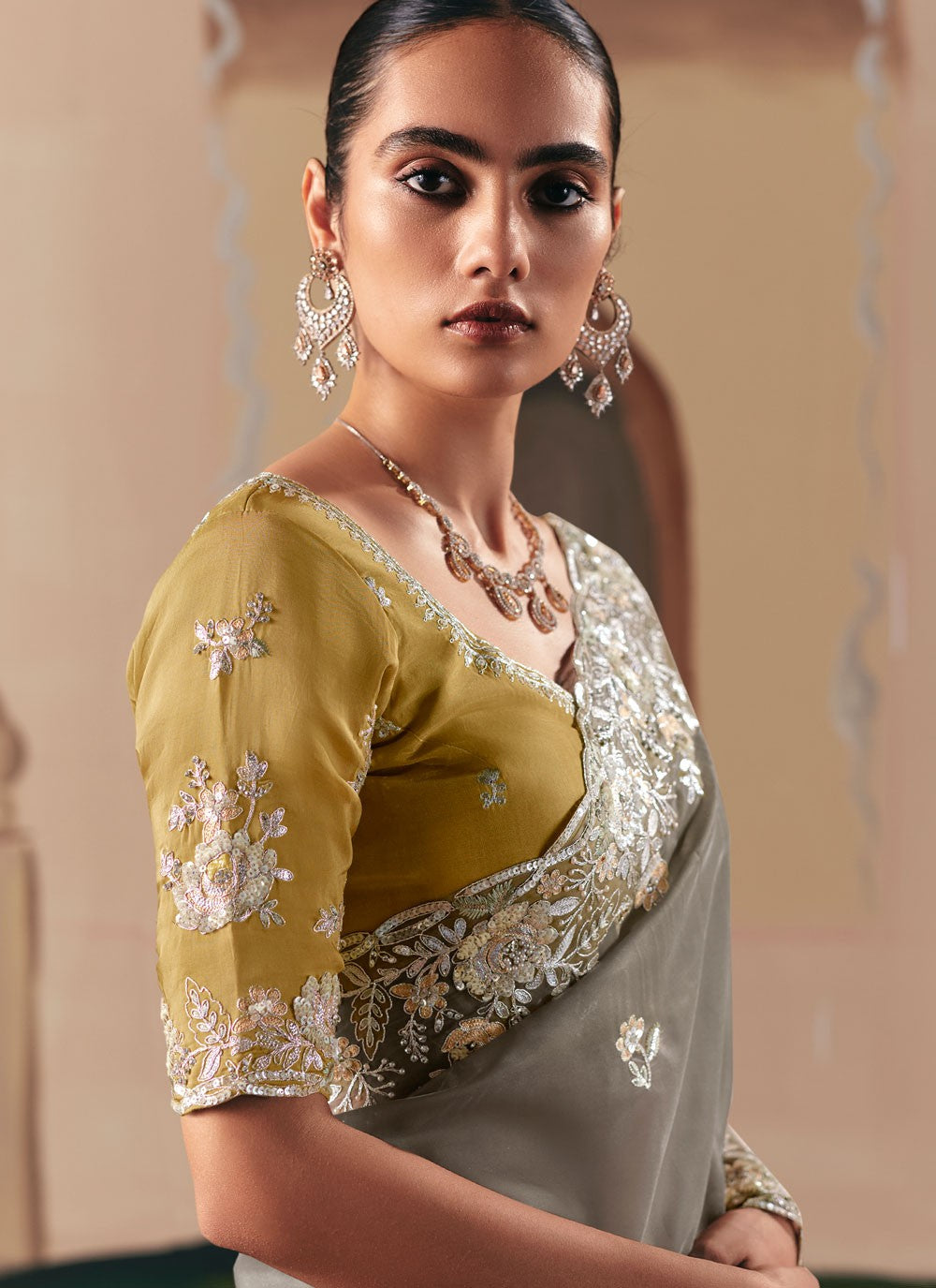 Grey Fancy Fabric Classic Saree Embroidered, Sequins S20017