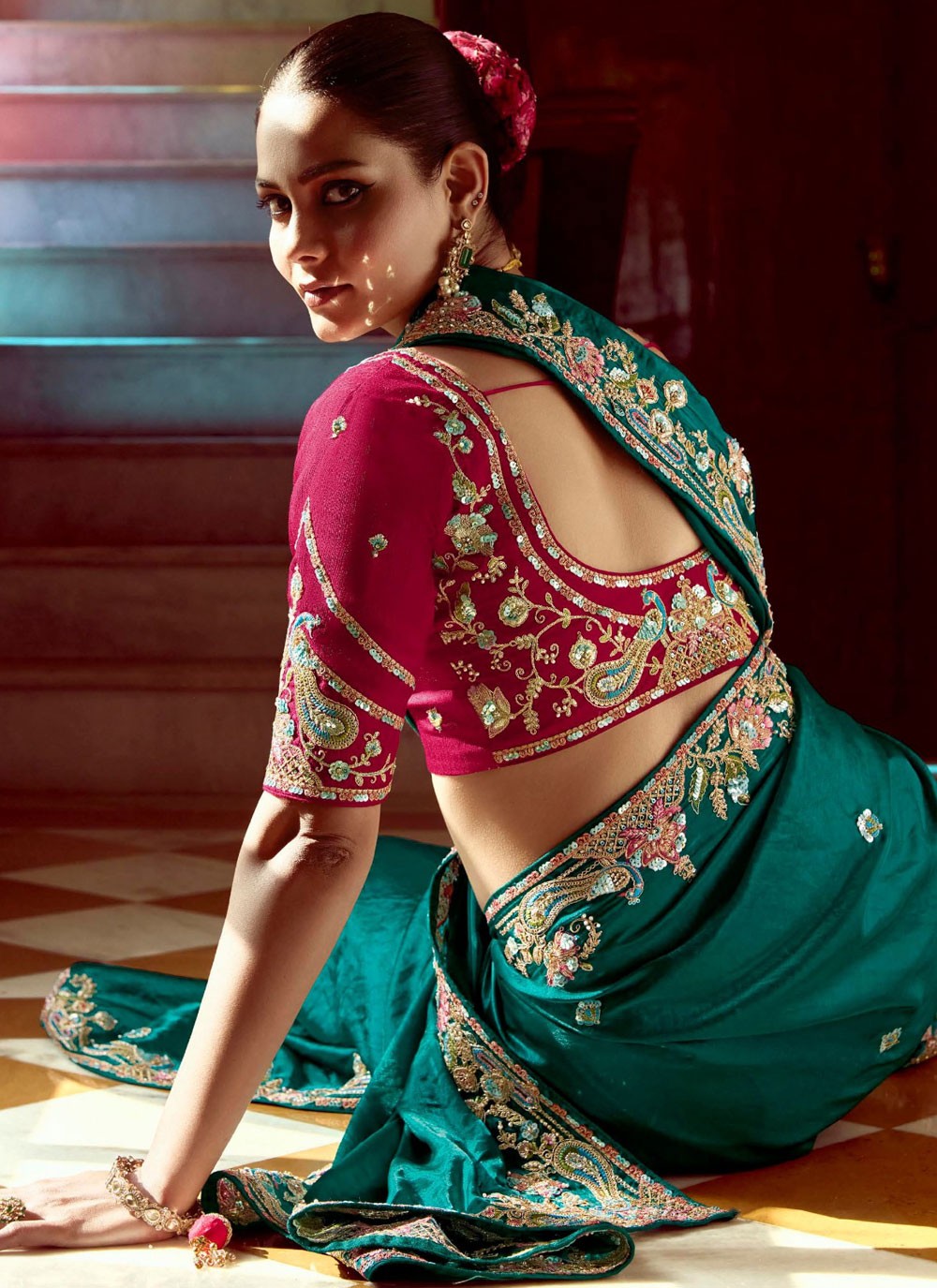 Embroidered Fancy Fabric Teal Saree S14381