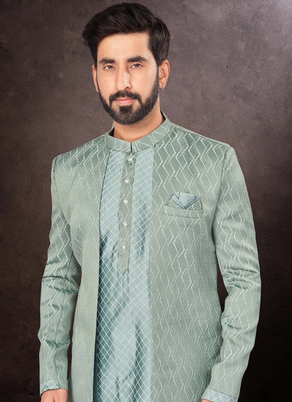 Fancy Work Jacquard Green Indo Western - M7242