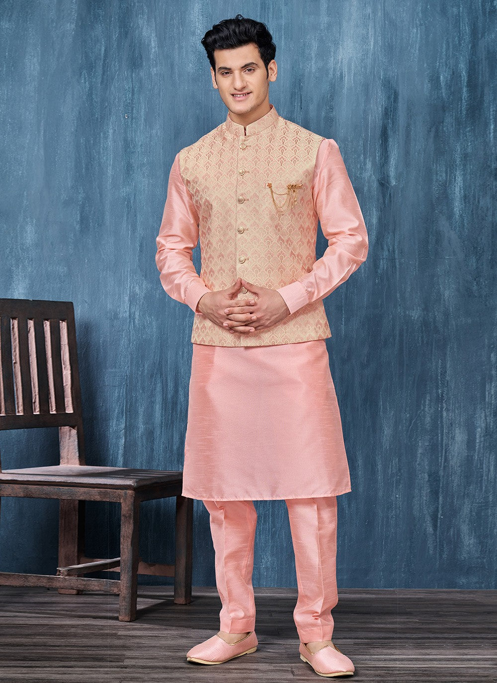 Fancy Work Jacquard Cream, Pink Kurta Payjama With Jacket - M6312