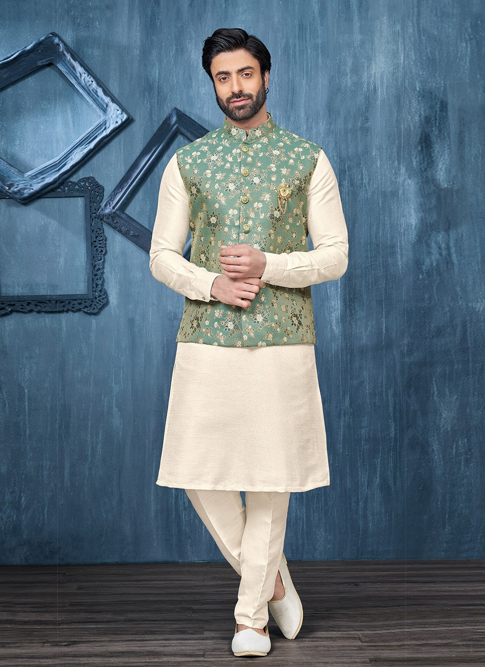 Fancy Work Jacquard Green, Off White Kurta Payjama With Jacket - M6317