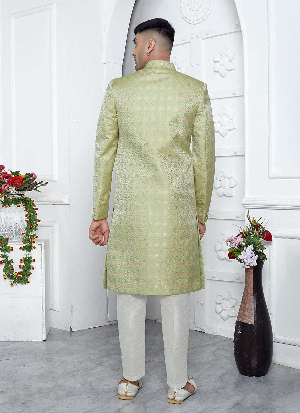 Fancy Work Jacquard Silk Green Indo Western - M6606