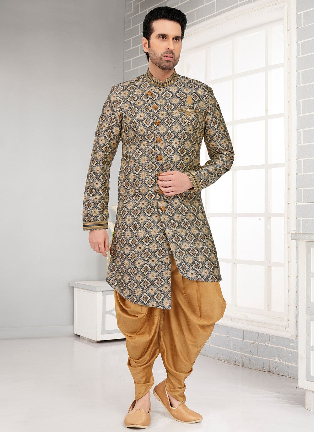 Fancy Work Brocade, Jacquard Silk Grey Indo Western - M6460