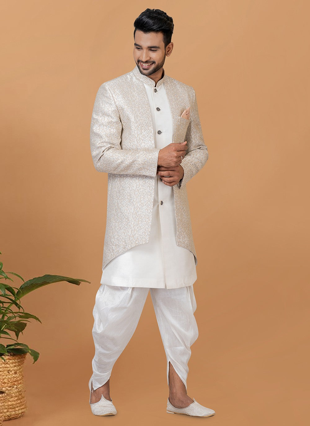 Fancy Work Dupion Silk, Jacquard Silk Grey, White Indo Western Sherwani - M6004
