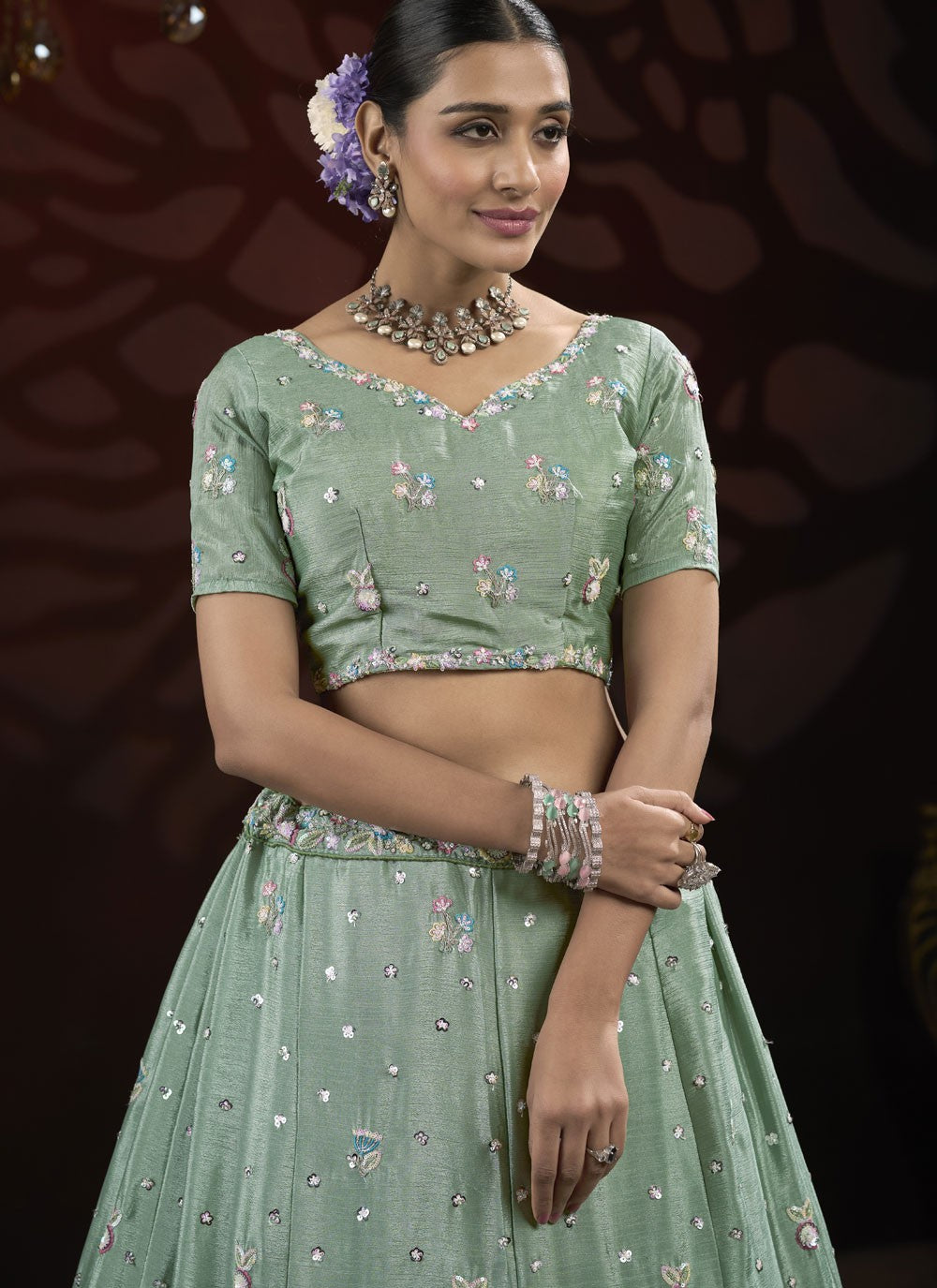 Embroidered Net Sea Green Lehenga - L3211
